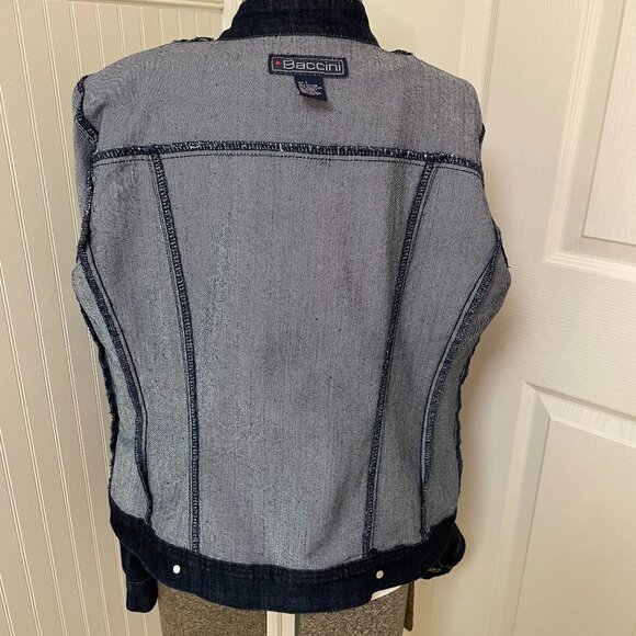 BACCINI DENIM JACKET, UNLINED, DARK WASH, ZIPPER CLOSURE, SIZE LARGE - Picture 7 of 8